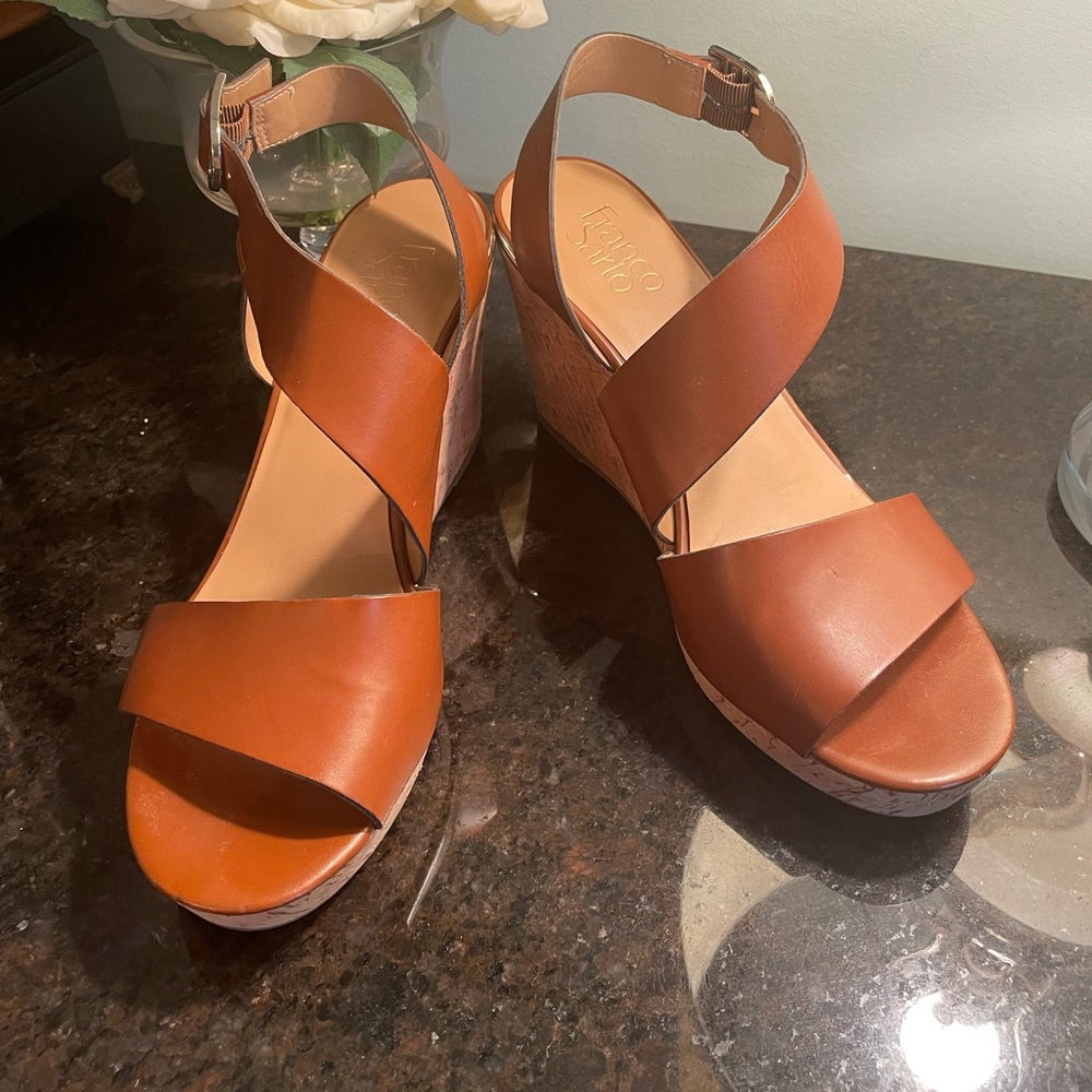 Franco Sarto Marabel Camel Brown Cork Wedge Heel Slingback Sandals Size 8 M